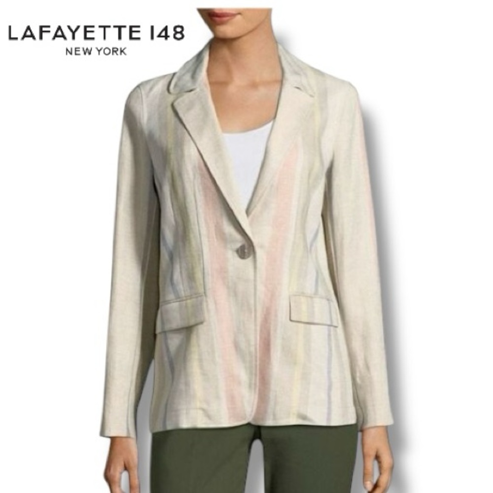 Lafayette 148 Raffia Pastel Stripe Linen Blazer Quiet Luxury Jacket | Sz 4